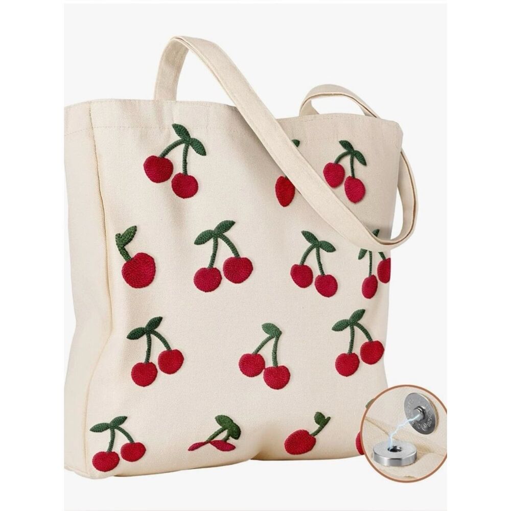 NEW Canvas Cherry Embroidered Tote Bag